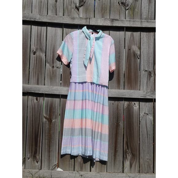 Vtg 80s Algo Pastel Plaid Stripe Midi Dress Tie Collar Retro New Wave Aesthetic - Picture 1 of 9
